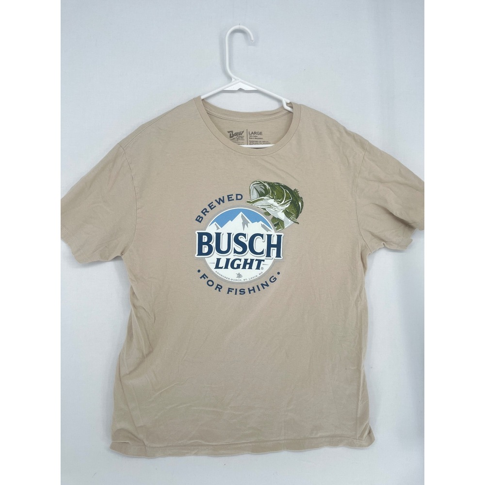 Brew City Busch Light Fishing T-Shirt Mens Large Tan Cotton Graphic Tee Bass